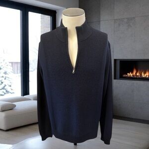Vince Micro Waffle Quarter-Zip Pullover Blue Wool Sweater Size Large